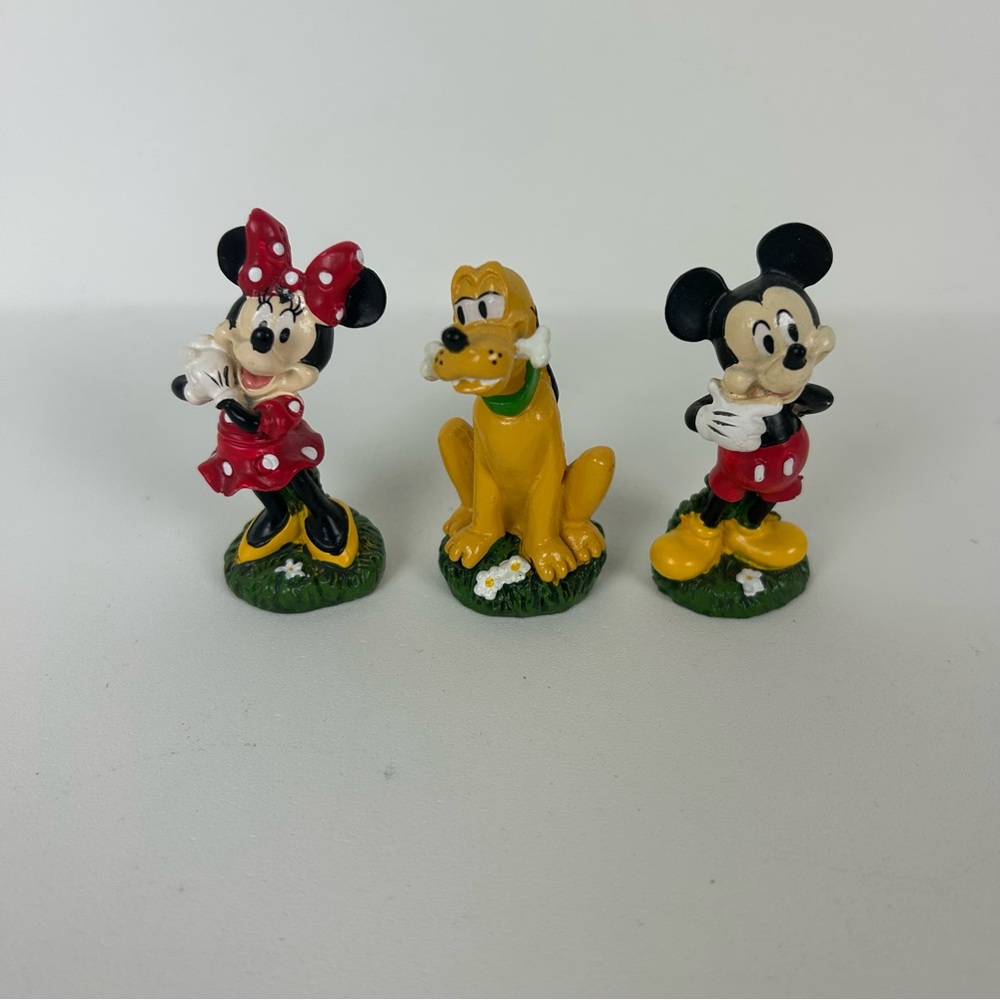 3 - Disney Miniature Figurines; Mickey, Minnie, and Pluto (2 1/4" - 2 1/2" tall)